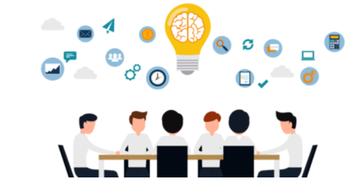 Illustration of a team meeting with a glowing lightbulb and business icons representing creative workplace innovation