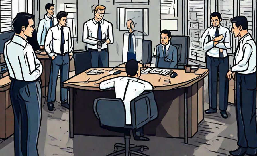 Illustration of a distressed employee slumped at a desk surrounded by intimidating supervisors in an office setting
