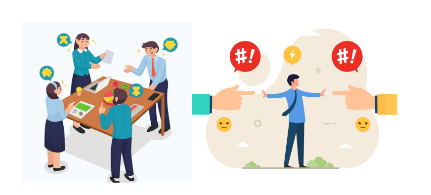 Split illustration showing team collaboration around a table and a person mediating between two arguing parties with angry