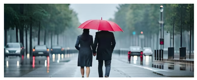 Two people holding hands under a bright red umbrella walk down a rain-soaked city street lined with trees and cars.