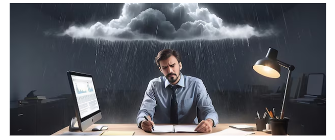 A gloomy man in a blue shirt and tie sits at a desk writing in a notebook, with dark storm clouds and rain visible through a