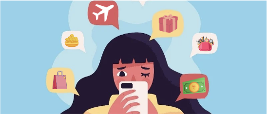 Stressed woman looking at phone surrounded by speech bubbles showing gifts, travel, shopping, and money, illustrating social