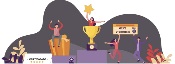 Illustration of employees celebrating with trophy, gift voucher, and certificate awards