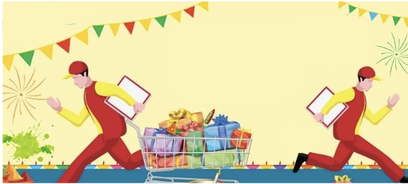 Two delivery workers in red uniforms running with a shopping cart full of colorful gift boxes against a festive banner and