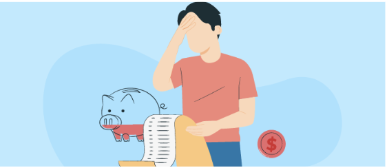Illustration of a worried person holding a long receipt with a piggy bank and dollar coin nearby, representing financial