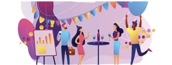 Illustration of office workers celebrating at a party with charts, drinks, and decorations while balancing work