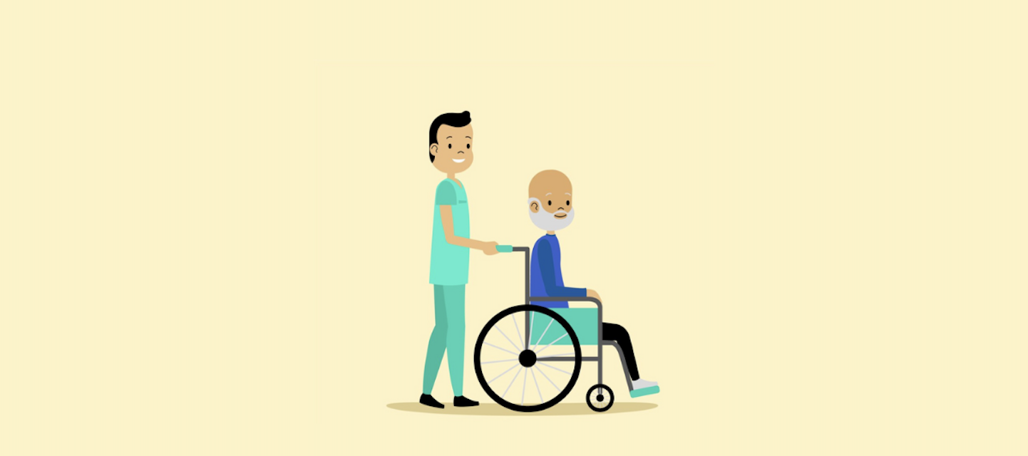 Illustration of a male healthcare worker pushing an elderly man in a wheelchair