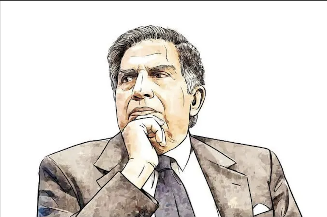 Illustrated portrait of Ratan Tata in a suit, hand to his chin in a thoughtful pose.
