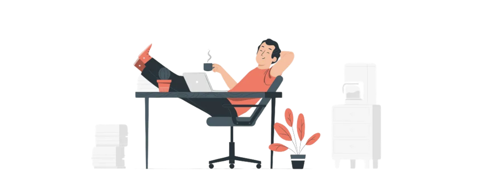 Illustration of a worker leaning back with feet up on desk, holding coffee, laptop open but disengaged