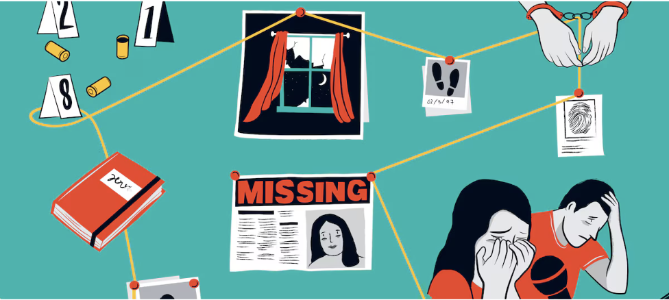 Illustrated detective board with crime scene evidence, missing person poster, and distressed couple connected by yellow