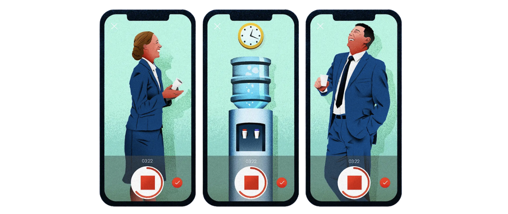 Illustration of three smartphones showing office workers video recording at a water cooler, representing workplace