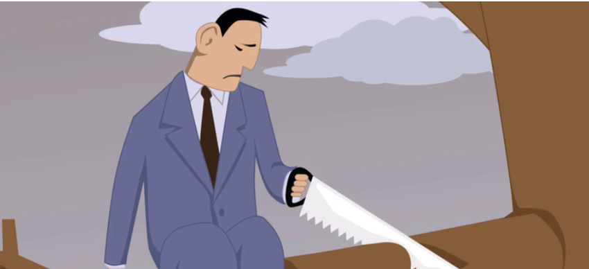 Illustration of a businessman in a suit sawing the branch he is sitting on, symbolizing self-sabotage