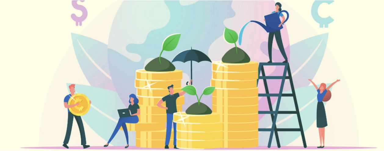 Illustration of people nurturing plants growing from stacks of coins, symbolizing sustainable business investment and social