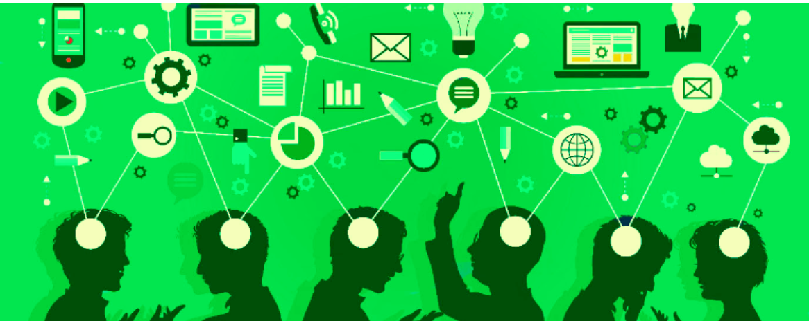 Silhouettes of people connected by a network of communication and collaboration icons on green background