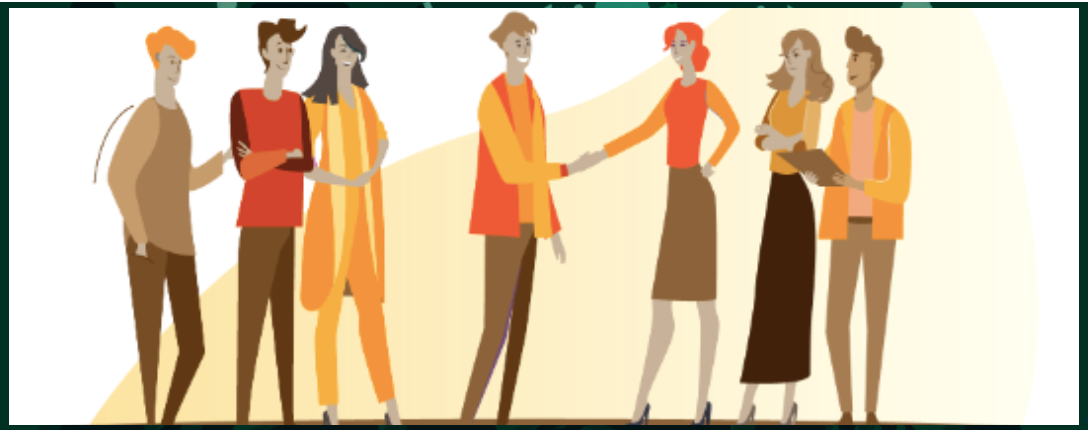Illustration of diverse business professionals with two people shaking hands in the center