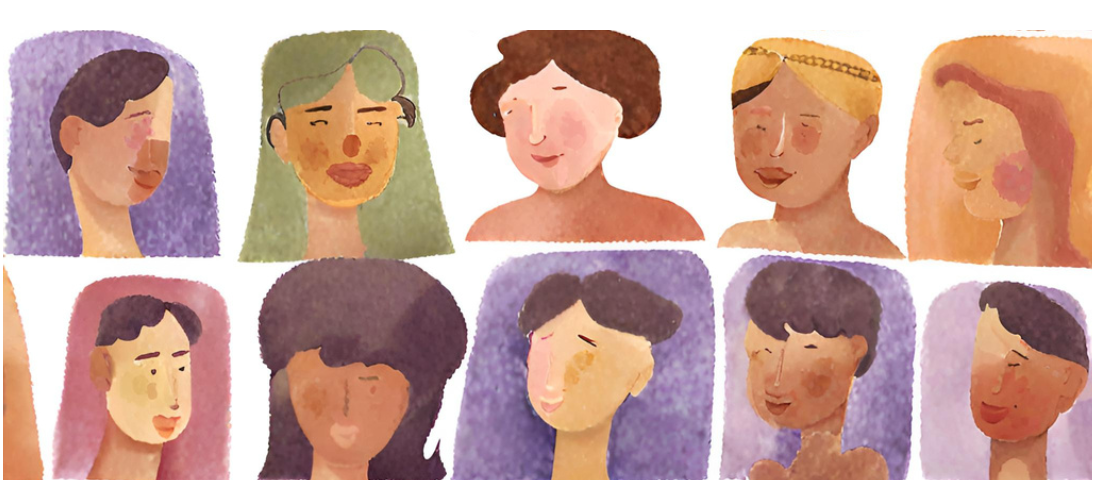 Colorful watercolor illustration showing diverse faces of people with different skin tones, hair colors, and styles