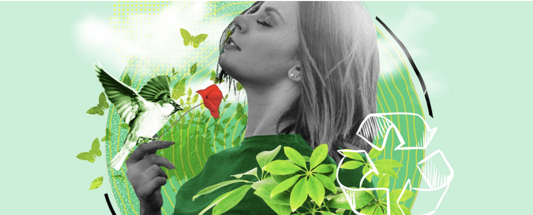 Woman surrounded by green leaves, hummingbird, butterflies, and recycling symbol on mint green background