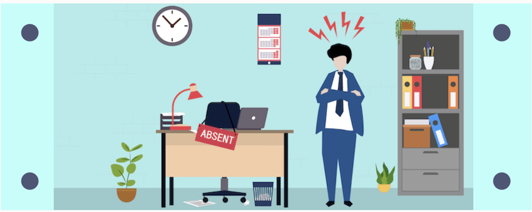 An office desk with an empty chair labeled 'ABSENT' while a manager stands nearby looking frustrated with arms crossed.
