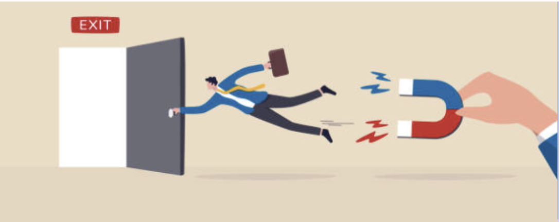 Businessman in suit running toward exit door being pulled back by large magnet, illustrating employee retention