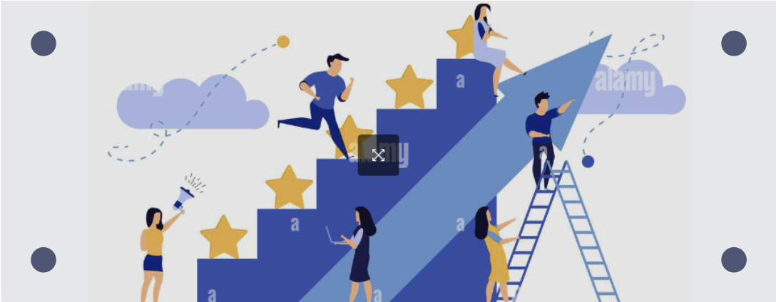 Illustration of diverse employees climbing star-shaped steps and ladders toward upward arrow, symbolizing career growth and