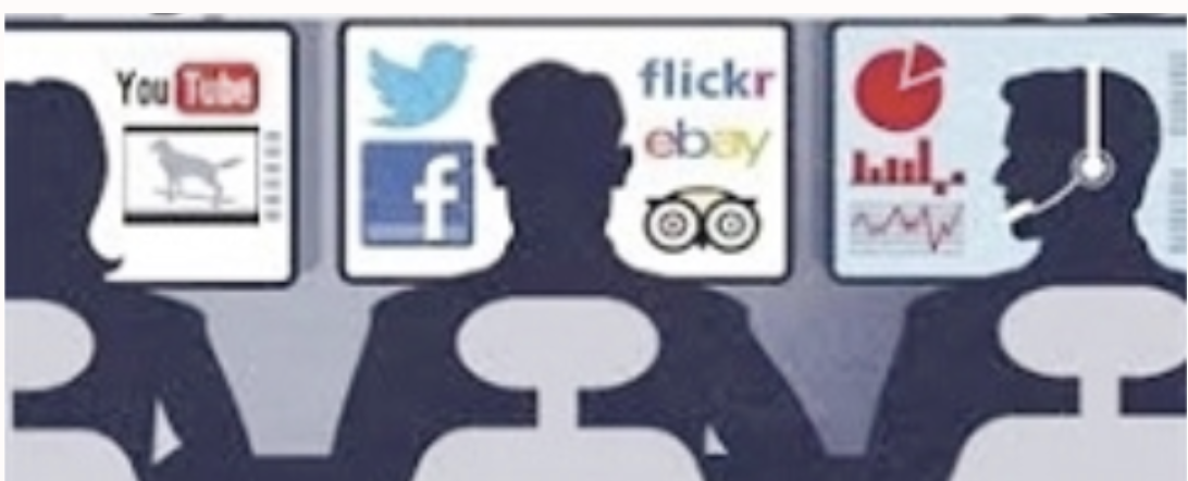 Silhouettes of office workers in front of screens displaying YouTube, Twitter, Facebook, Flickr, eBay and other websites