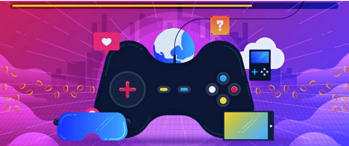 Colorful illustration of a game controller with digital icons representing game-based hiring assessments