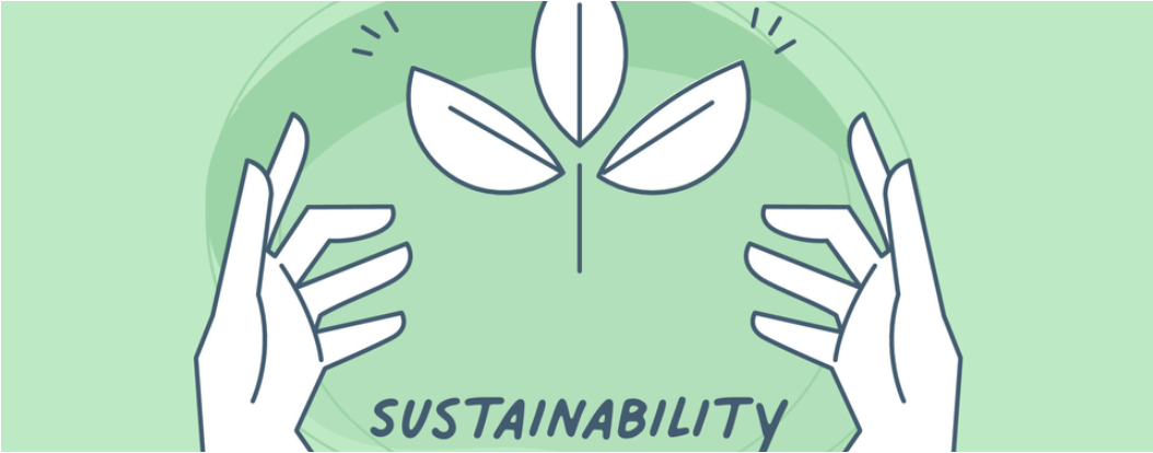 Line illustration of two hands cupping a small plant with three leaves above the word sustainability