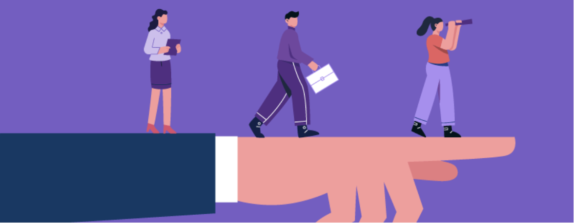 Giant hand pointing forward as a path for three business people walking and working together