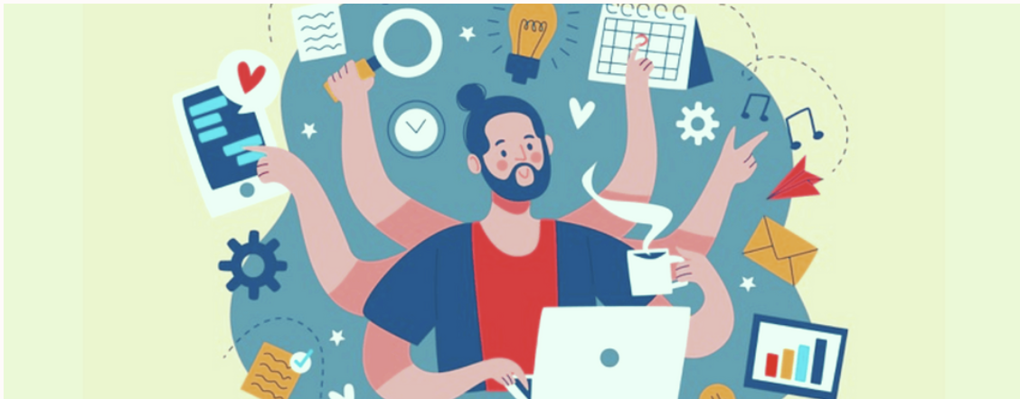 Illustration of a person with multiple arms juggling work tasks, personal activities, and self-care simultaneously