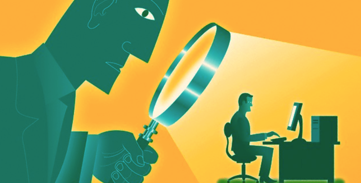 A giant figure with a magnifying glass watches a person working at a computer, symbolizing internet surveillance and privacy
