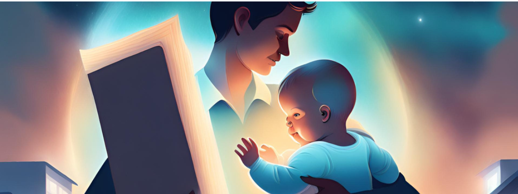 Illustration of a parent holding a baby while looking at a glowing laptop screen late at night