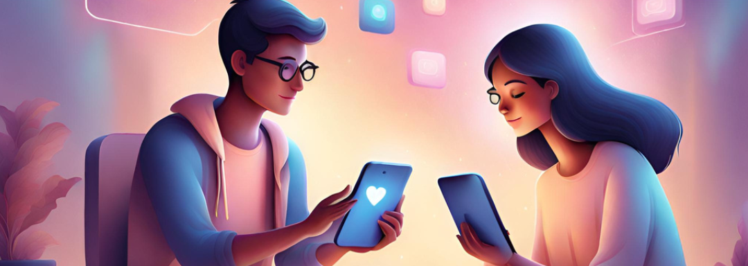 Illustration of two people smiling while using smartphones with a heart icon on one screen, representing healthy digital