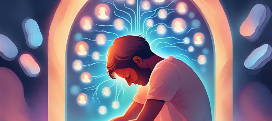 Illustrated figure with head bowed surrounded by glowing neural network of human profiles, symbolizing mental health