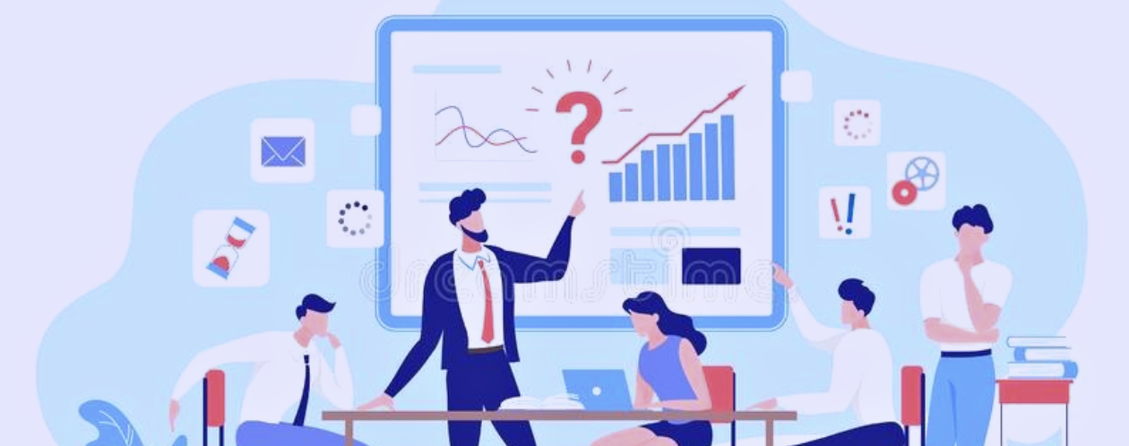 Business team discussing person-organization fit with charts and question mark on a presentation screen