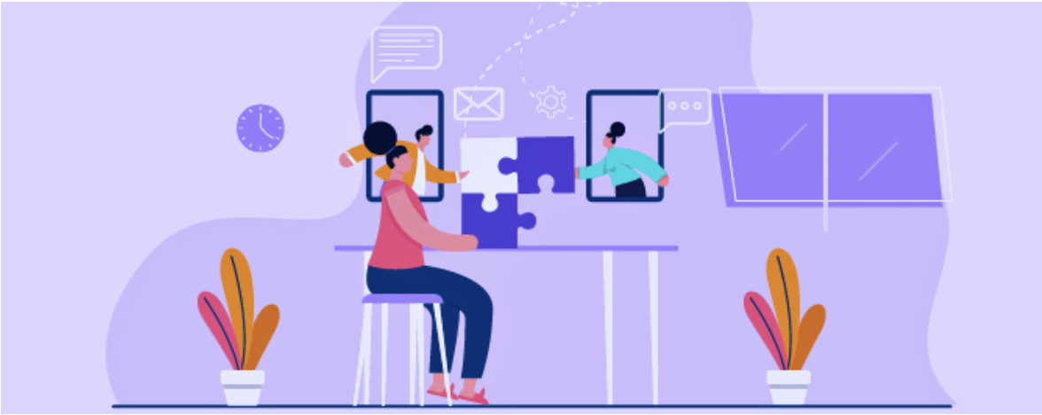 Illustration of people collaborating remotely via screens, fitting together puzzle pieces to symbolize teamwork