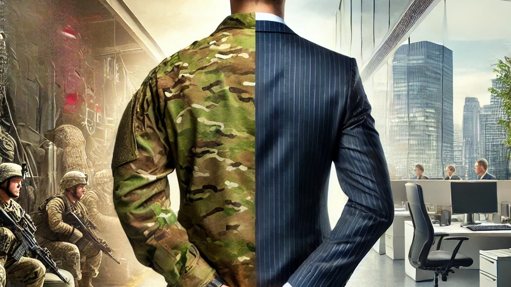 Split image showing half soldier in camouflage uniform and half businessman in pinstripe suit, symbolizing military to