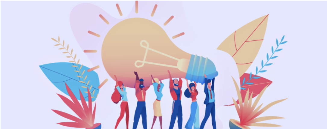 Diverse team of people lifting a giant glowing lightbulb surrounded by colorful plants, symbolizing collective innovation