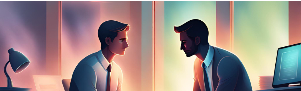 Two businessmen facing each other across a desk in a tense or serious conversation, with warm lighting and a computer