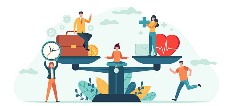 Illustration of a balance scale weighing work elements against health and wellness, with people practicing mindfulness and