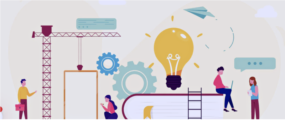 Illustration of people collaborating around gears, a lightbulb, and construction crane symbolizing workplace innovation