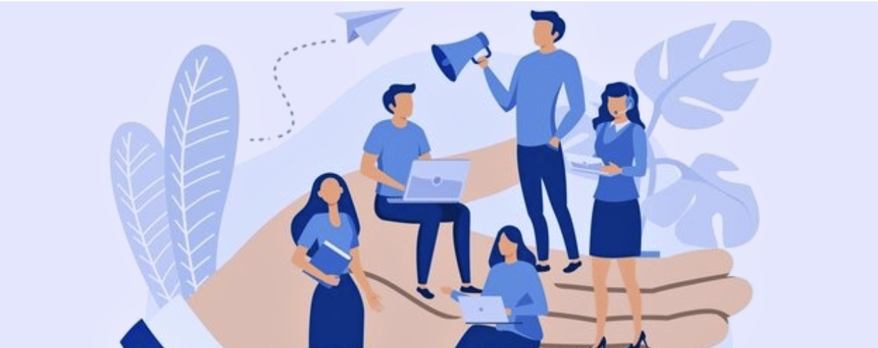Illustration of diverse colleagues collaborating in a supportive workplace environment with laptops and communication tools.