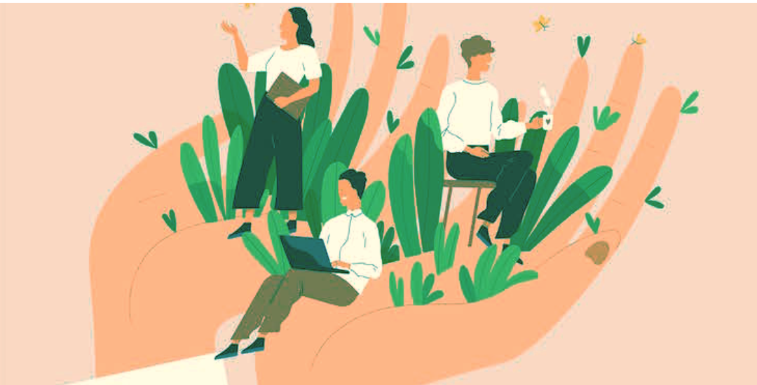 Three people working and collaborating amid green plants in a supportive hand-shaped environment