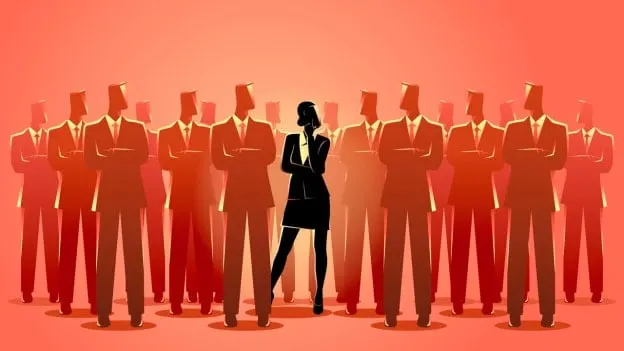 Silhouette of a woman in a business suit standing confidently among rows of identical male executives on a red background