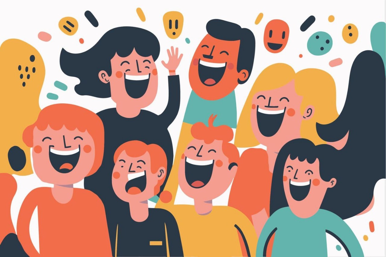 Colorful illustration of diverse happy people laughing together with expressive emojis floating around them