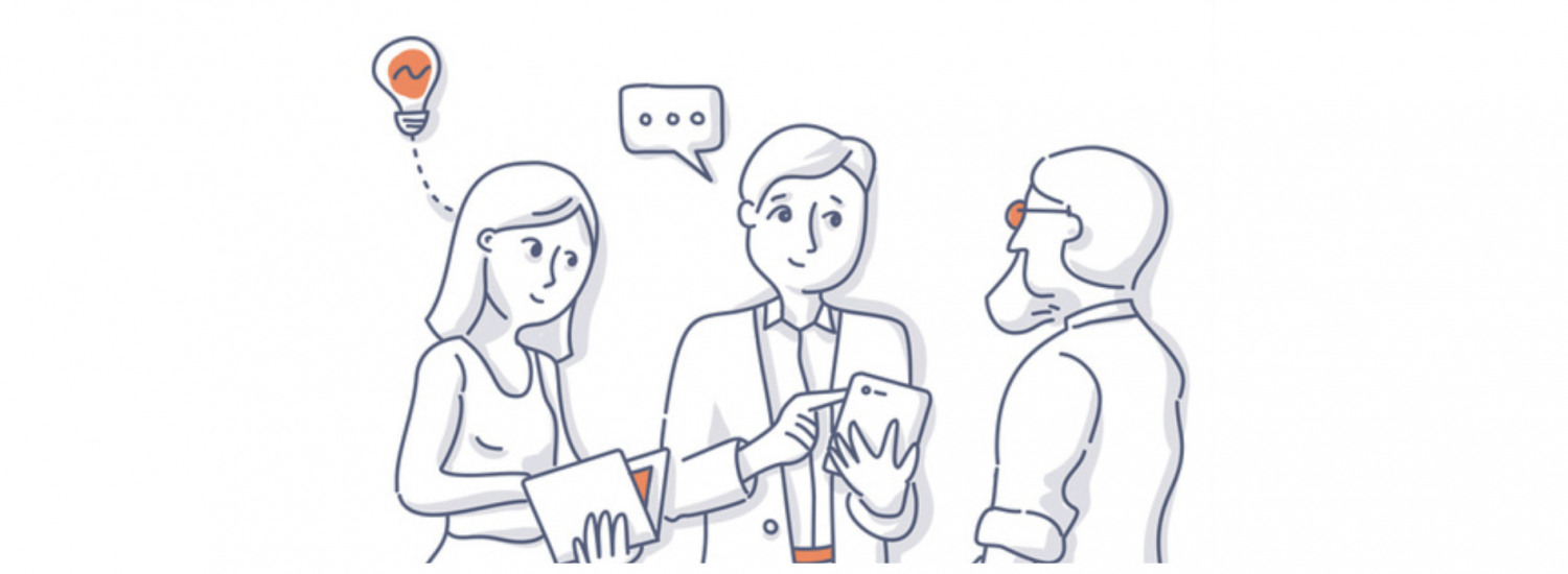 Three colleagues in discussion with lightbulb and speech bubble symbols representing ideas and communication