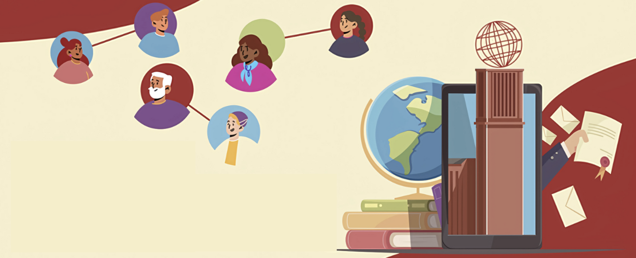Illustration showing diverse mentors connected in a network alongside symbols of global education and career achievement