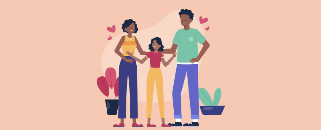 Illustration of two parents standing with a child between them, with small hearts floating nearby and potted plants on