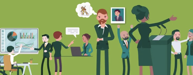 Illustration of diverse workplace leaders with one imagining parenting, symbolizing how parenting styles influence
