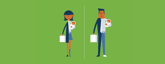Illustration of two parents in business attire holding babies and briefcases, symbolizing the dual roles of working parents