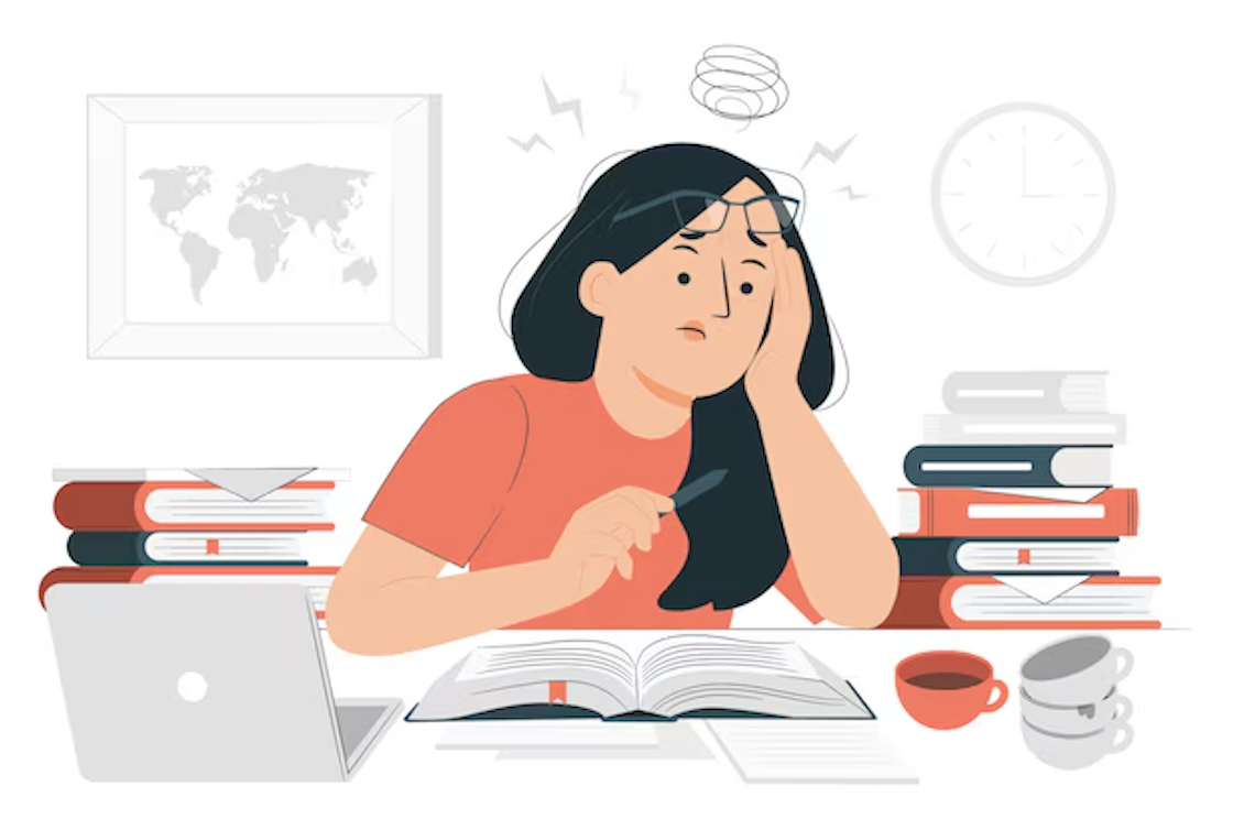 Illustration of a worried student at a desk surrounded by books, laptop, and coffee cups, holding her head in stress while
